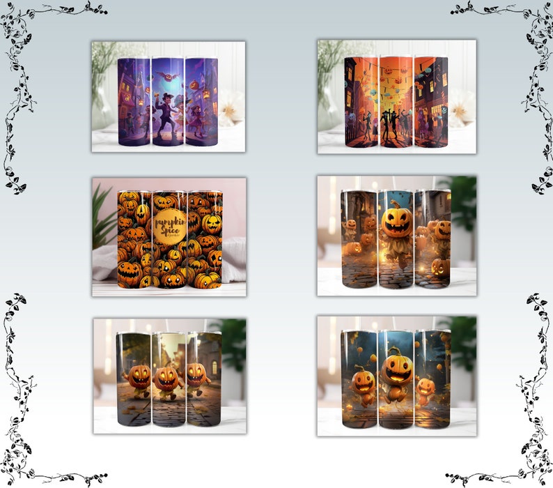 May include: Set of three Halloween-themed stainless steel tumblers. The first tumbler features a cartoon illustration of a witch, a vampire, and a ghost in a spooky town. The second tumbler features a pumpkin spice design with a variety of pumpkins. The third tumbler features a cartoon illustration of three pumpkins with spooky faces.