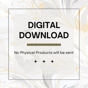 K&ouml;nnte beinhalten: Eine digitale Download-Grafik mit den Worten "DIGITAL DOWNLOAD" in fetter schwarzer Schrift. Unter dem Text befindet sich ein horizontaler brauner Balken und darunter der Text "No Physical Products will be sent". Der Hintergrund hat ein Marmormuster.