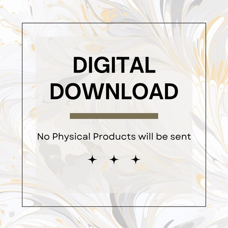 K&ouml;nnte beinhalten: Eine digitale Download-Grafik mit den Worten "DIGITAL DOWNLOAD" in fetter schwarzer Schrift. Unter dem Text befindet sich ein horizontaler brauner Balken und darunter der Text "No Physical Products will be sent". Der Hintergrund hat ein Marmormuster.