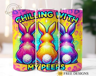 Chilling With My Peeps Easter Bunnies Leopard 20oz Skinny Tumbler Wrap, Happy easter Tumbler Sublimation Design, Glitter Easter Bunny 20 oz