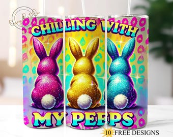 Chilling With My Peeps Easter Bunnies Leopard 20oz Skinny Tumbler Wrap, Happy easter Tumbler Sublimation Design, Glitter Easter Bunny 20 oz