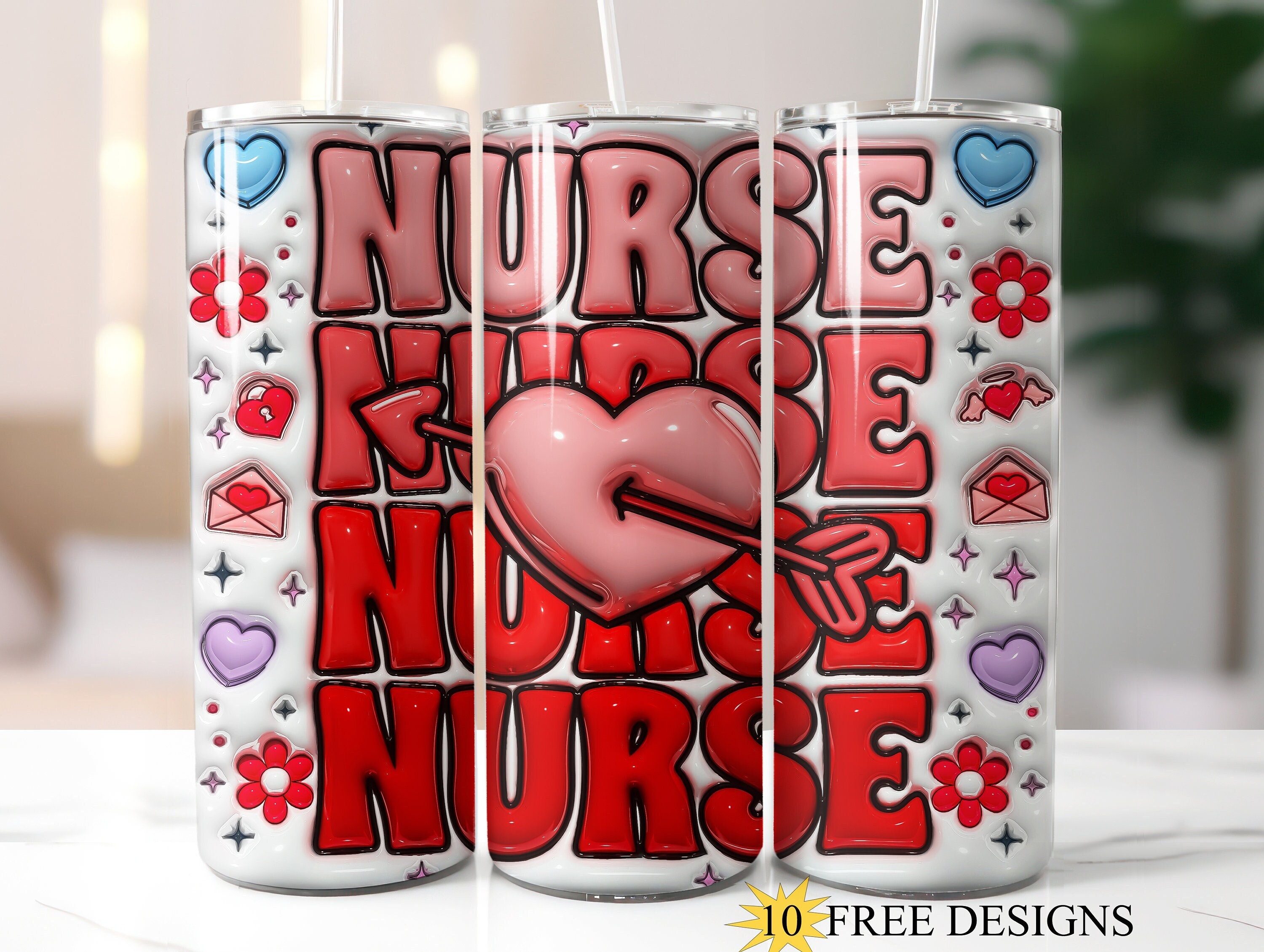 3D Valentine Nurse 20oz Skinny Tumbler Wrap, Inflated Nurse Tumbler, Puffy Hearts 20oz Skinny PNG, Valentine Nurse PNG, Nurse life tumbler