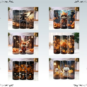 May include: Three stainless steel tumblers with different Halloween-themed designs. The first tumbler features a witch with a broom and pumpkins. The second tumbler features a cat wearing a witch's hat and pumpkins. The third tumbler features a fox wearing a red jacket and pumpkins.