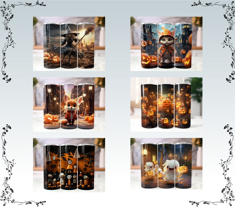 May include: Three stainless steel tumblers with different Halloween-themed designs. The first tumbler features a witch with a broom and pumpkins. The second tumbler features a cat wearing a witch's hat and pumpkins. The third tumbler features a fox wearing a red jacket and pumpkins.