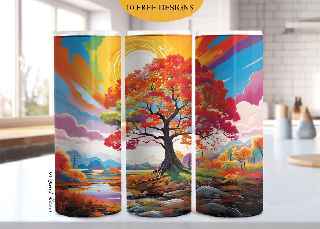 Fall Trees 20oz Skinny Tumbler Wrap Nature River Sublimation Design PNG ...