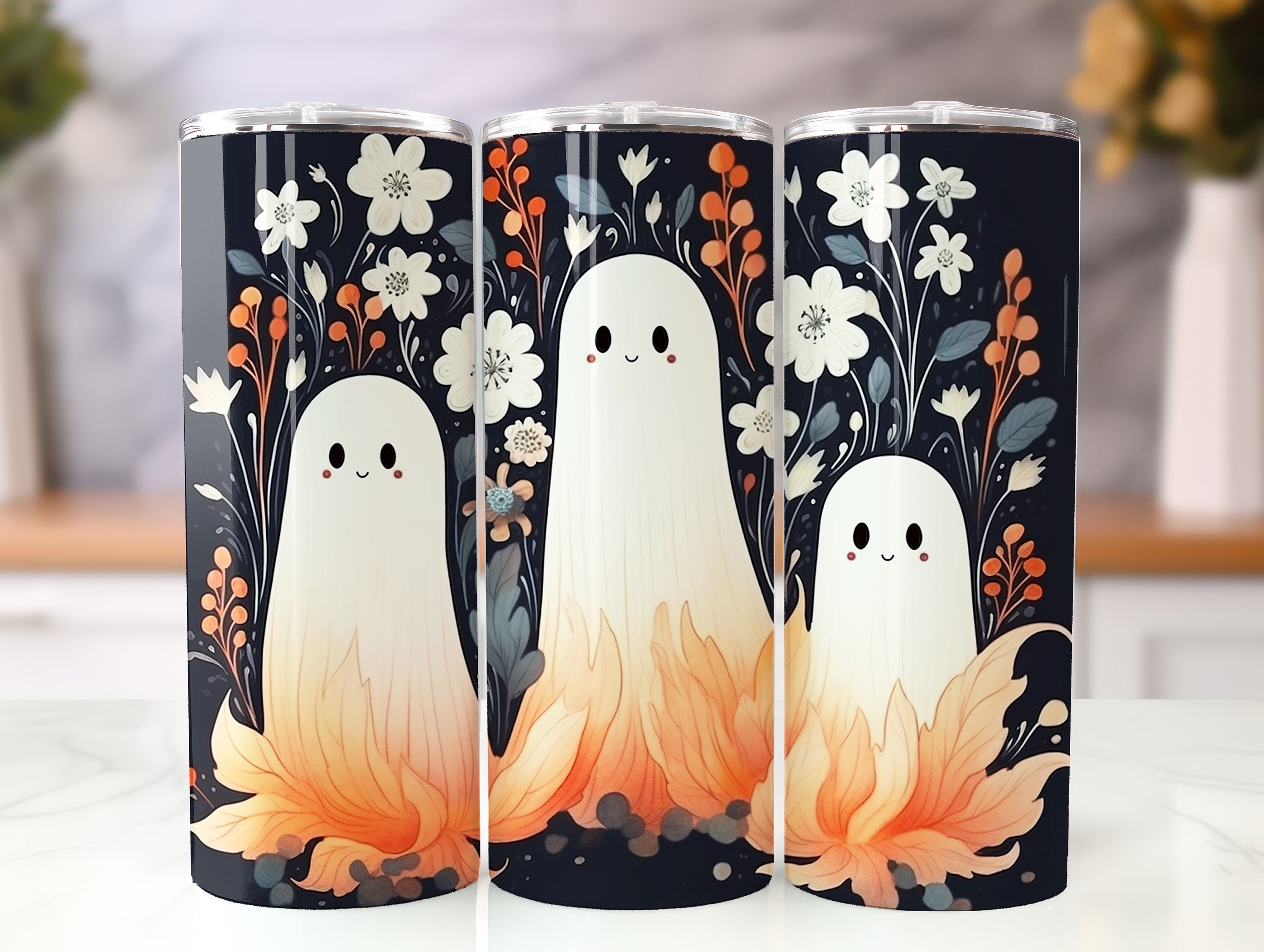 Boho Ghosts & Flowers 2 20oz Tumbler Sublimation Wrap, Flowers Straight and Tapered Tumbler, High Resolution PNG, Instant Download, 300 DPI