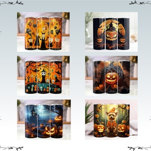 May include: Set of three Halloween-themed tumblers with different designs. One features a spooky forest scene with pumpkins, another has a cartoon witch and pumpkins, and the last one has a cute dog with pumpkins.