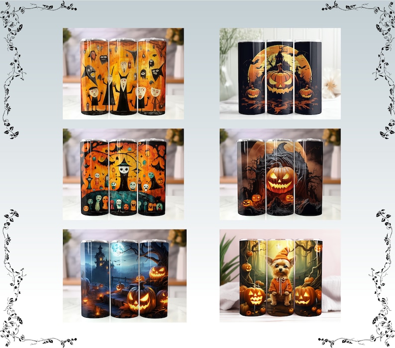 May include: Set of three Halloween-themed tumblers with different designs. One features a spooky forest scene with pumpkins, another has a cartoon witch and pumpkins, and the last one has a cute dog with pumpkins.