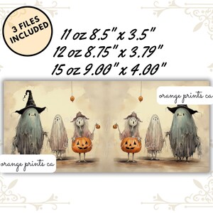May include: A digital download of three printable Halloween designs featuring a group of ghosts and witches carrying pumpkins. The designs are available in three sizes: 11 oz (8.5" x 3.5"), 12 oz (8.75" x 3.79"), and 15 oz (9.00" x 4.00").