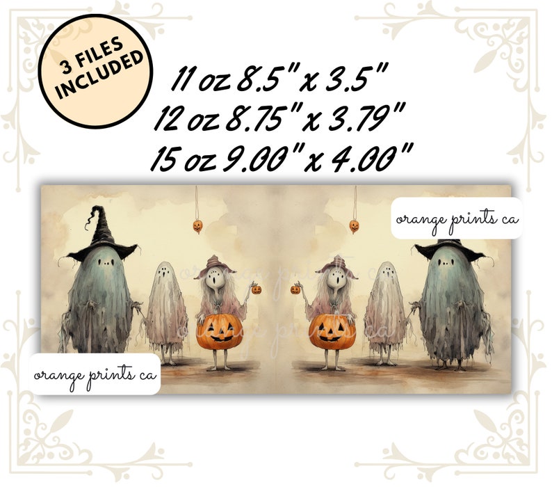 May include: A digital download of three printable Halloween designs featuring a group of ghosts and witches carrying pumpkins. The designs are available in three sizes: 11 oz (8.5" x 3.5"), 12 oz (8.75" x 3.79"), and 15 oz (9.00" x 4.00").