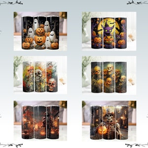 May include: Set of three Halloween-themed stainless steel tumblers. The first tumbler features a group of ghosts and pumpkins. The second tumbler features a skull with a colorful background. The third tumbler features a skeleton holding a pumpkin in a spooky setting.