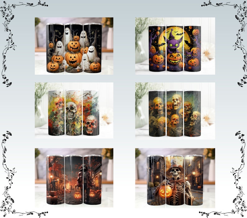 May include: Set of three Halloween-themed stainless steel tumblers. The first tumbler features a group of ghosts and pumpkins. The second tumbler features a skull with a colorful background. The third tumbler features a skeleton holding a pumpkin in a spooky setting.
