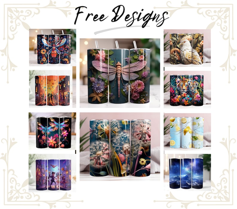 Pu&ograve; includere: Una collezione di 10 diversi design per bicchieri in acciaio inossidabile da 20 oz. I design includono una libellula, una tigre, un limone, un dente di leone, un cielo notturno, una farfalla, un pappagallo, un paesaggio urbano e una scena di fate fantasiosa.
