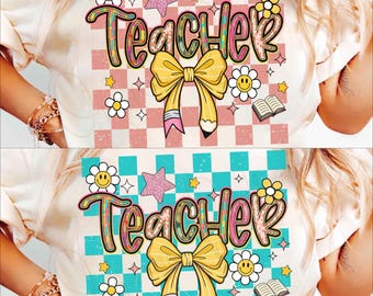 Teacher Coquette Bow PNG, Retro Teacher Checkered First Day of School Shirt Design, Girly Pencil Eraser Bow Sublimation, Teacher Bow digital