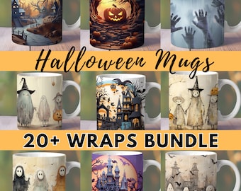 20 + beliebte Halloween-Becher-Bundle, 11 12 15 Unzen Becher Sublimation Wraps, gruselige Geisterhexe High Res Design Sofortiger digitaler Download, 300 DPI
