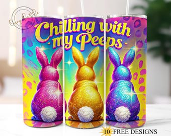 Chilling With My Peeps Easter Bunnies Leopard 20oz Skinny Tumbler Wrap, Happy easter Tumbler Sublimation Design, Glitter Easter Bunny 20 oz