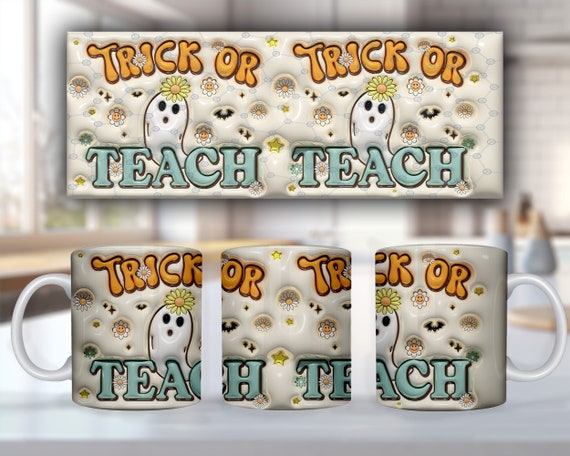 3D Teacher Wrap, 3D Halloween Spooky Straight Mug, 3D Puffy 11oz 12oz 15oz Teacher Mug Wrap, 3D Inflated Halloween Straight Sublimation