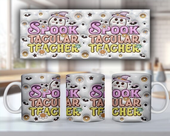3D Teacher Wrap, 3D Halloween Spooky Straight Mug, 3D Puffy 11oz 12oz 15oz Teacher Mug Wrap, 3D Inflated Halloween Straight Sublimation 234