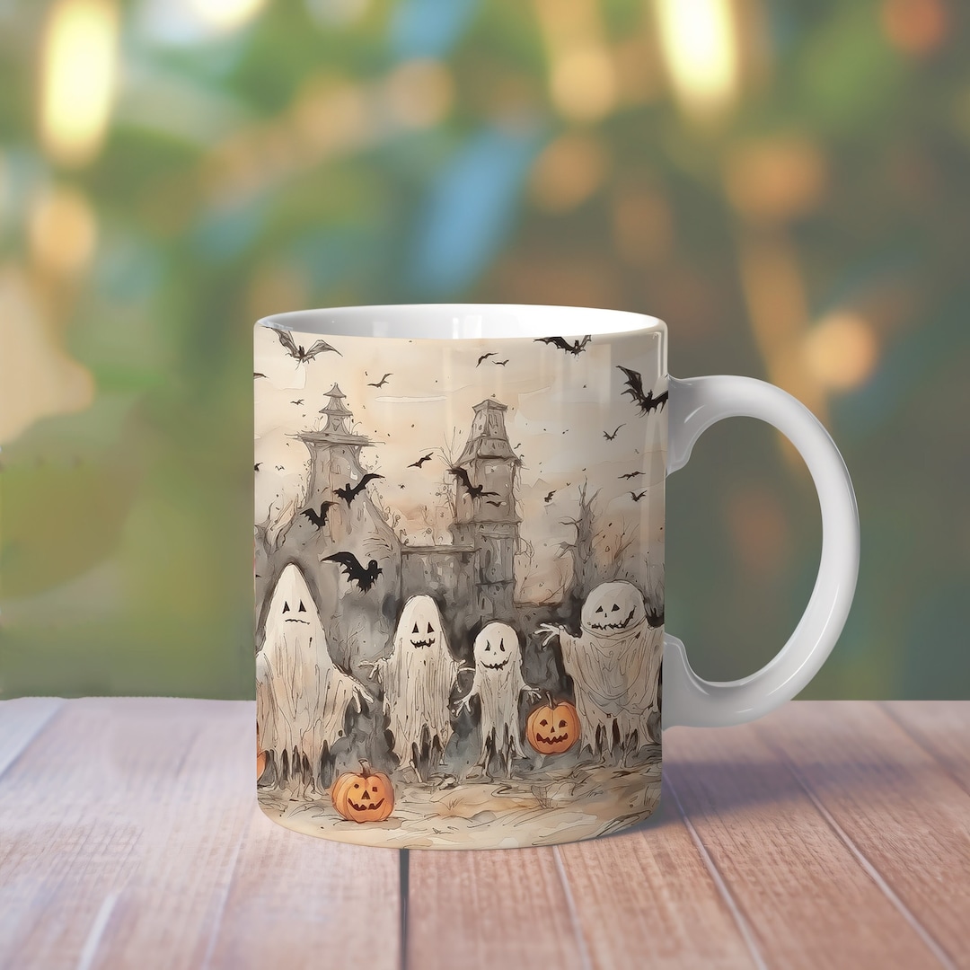 Vintage Halloween Mug Wrap, 11oz Pumpkin Mug Design, 15oz Spooky Ghost