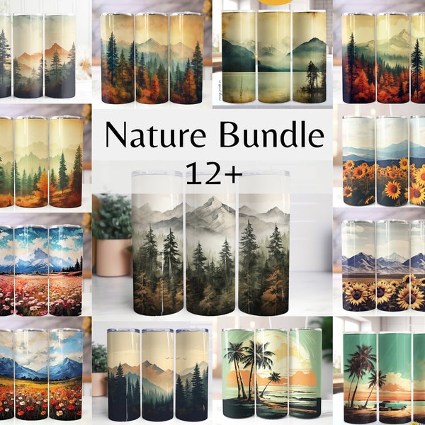 12 + Vintage Nature 20oz Tumbler Sublimation Wrap Bundle, Retro Pine Trees Sunflowers Tumbler Wraps, Vintage Mountain Png Bundle, Digital