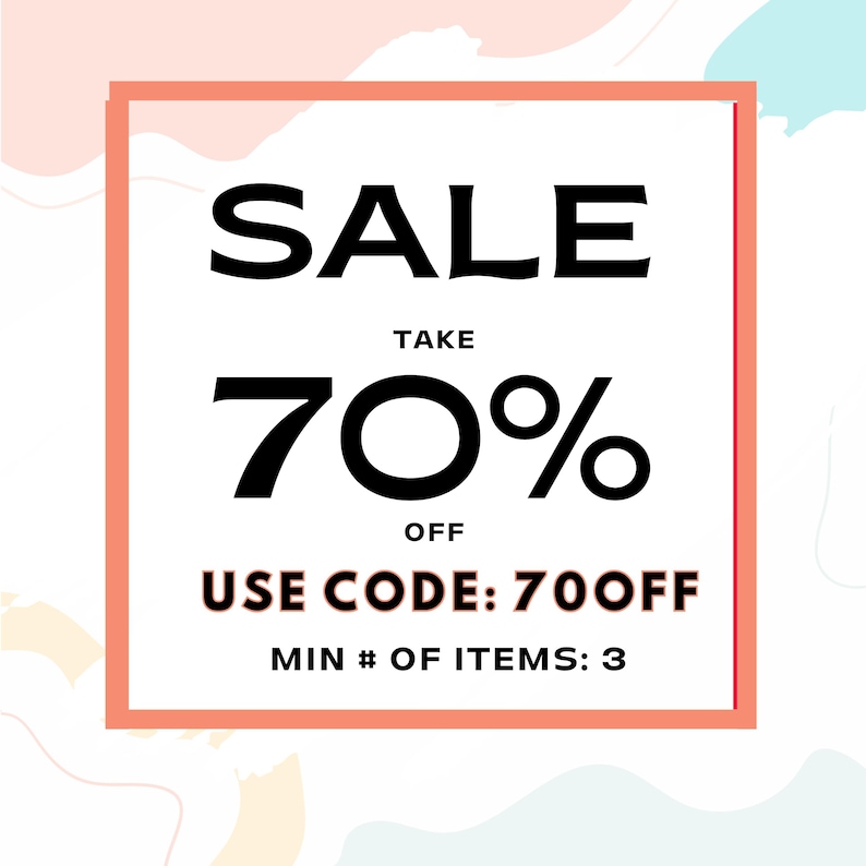 K&ouml;nnte beinhalten: Eine Werbegrafik mit dem Wort &bdquo;SALE&ldquo; in fetten schwarzen Buchstaben. Sie besagt &bdquo;TAKE 70% OFF&ldquo; und &bdquo;USE CODE: 70OFF&ldquo;. Die Mindestanzahl an Artikeln betr&auml;gt 3. Der Text befindet sich in einem pfirsichfarbenen Quadrat.