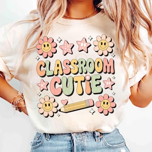 Classroom Cutie PNG, Retro Back to School Design, Pastel Rainbow Teacher Shirt Clipart, Smiley Face Pencil Sublimation Retro Back to school5