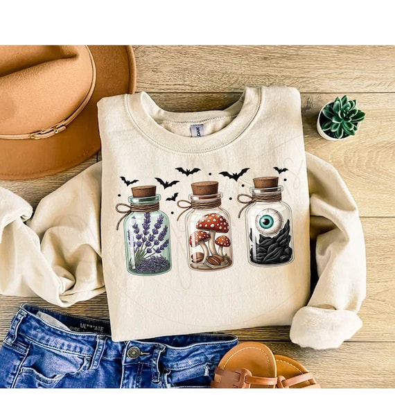 Witch Potion Bottles PNG, Eyeball Mushroom Lavender Jar Clipart, Spooky Apothecary Art, Halloween Potion Sublimation shirt digital download