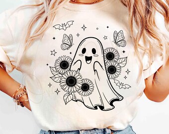 Heilung Blumengeist PNG, Vektor-Halloween-Geist-Sublimationsdesign, Girly Halloween Png, Retro-Gruseliger Herbst girly Blumenschmetterlinge-Geist png