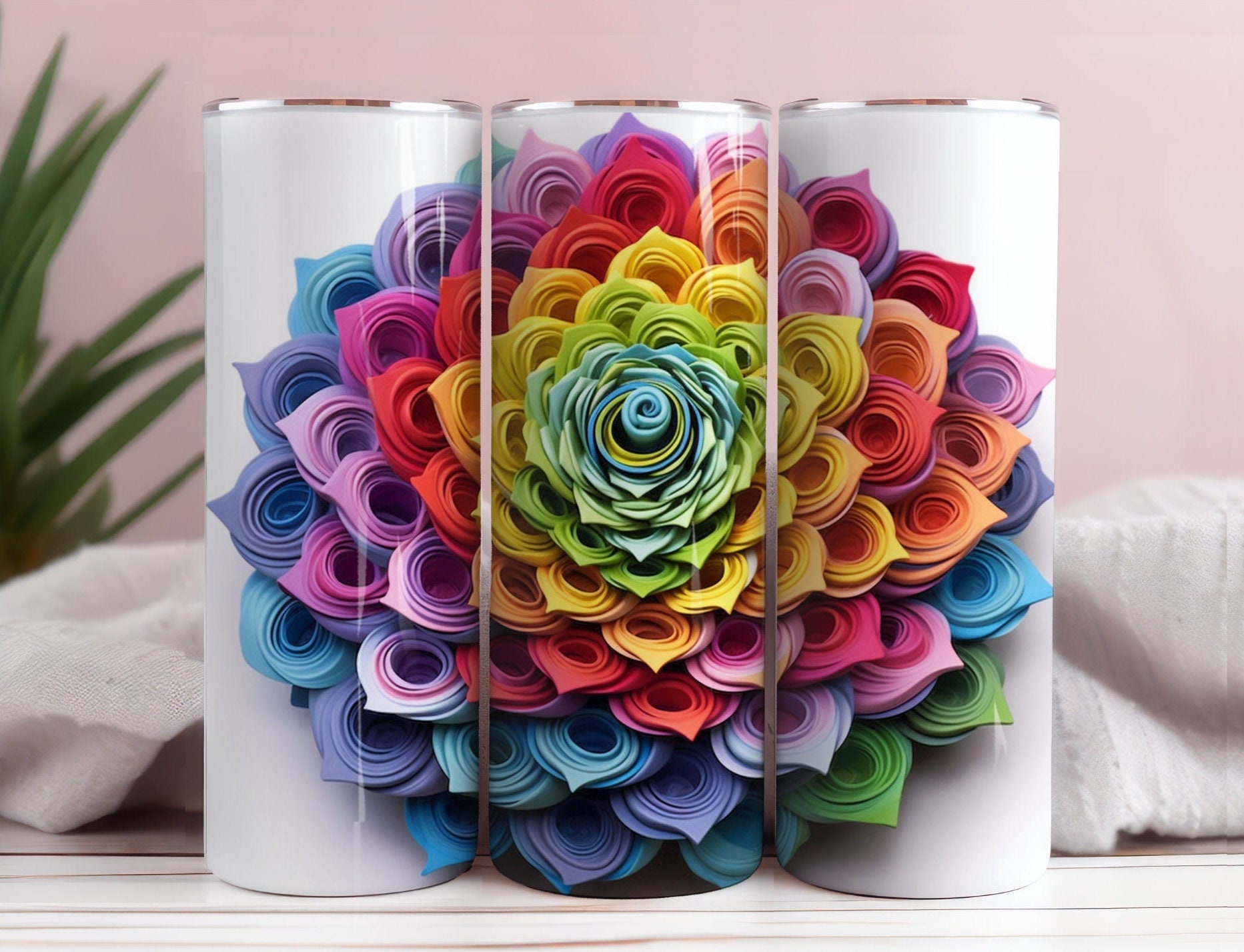 3D Rainbow Flowers 20oz Tumbler Sublimation Wrap, Straight and Tapered Tumbler Wrap, High Resolution PNG, Instant Download, 300 DPI