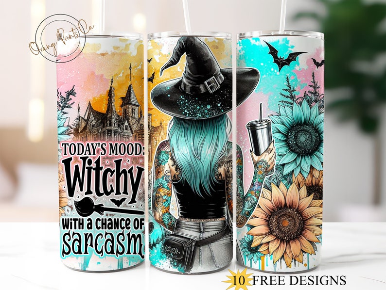 Mood Is Witchy 20oz Skinny Tumbler Wrap, Funny Halloween Witch Tumbler Sublimation Design, Seamless Tumbler Digital Download, Witch Flowers