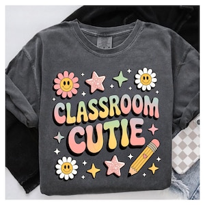 Classroom Cutie PNG, Retro Back to School Design, Pastel Rainbow Teacher Shirt Clipart, Smiley Face Pencil Sublimation Retro Back to school