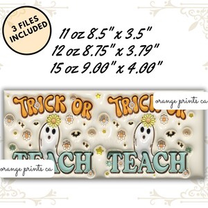 Op de afbeelding: Een sublimatieontwerp voor een 11 oz, 12 oz of 15 oz mok met een spook met een bloem op zijn hoofd en de tekst "Trick or Teach". Het ontwerp is in retro-stijl met een witte achtergrond en kleurrijke accenten.