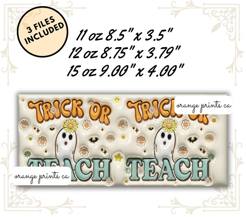 Op de afbeelding: Een sublimatieontwerp voor een 11 oz, 12 oz of 15 oz mok met een spook met een bloem op zijn hoofd en de tekst "Trick or Teach". Het ontwerp is in retro-stijl met een witte achtergrond en kleurrijke accenten.