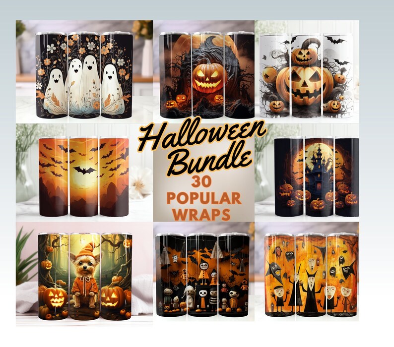 May include: A set of 30 Halloween-themed tumbler wraps. The wraps feature various designs, including ghosts, bats, pumpkins, and a haunted house. The text "Halloween Bundle 30 Popular Wraps" is displayed in the center of the image.