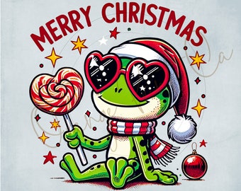 Rana navideña PNG, diseño de camiseta navideña de rana linda, camiseta de rana de café helado PNG, rana navideña png, bastón de caramelo navideño png