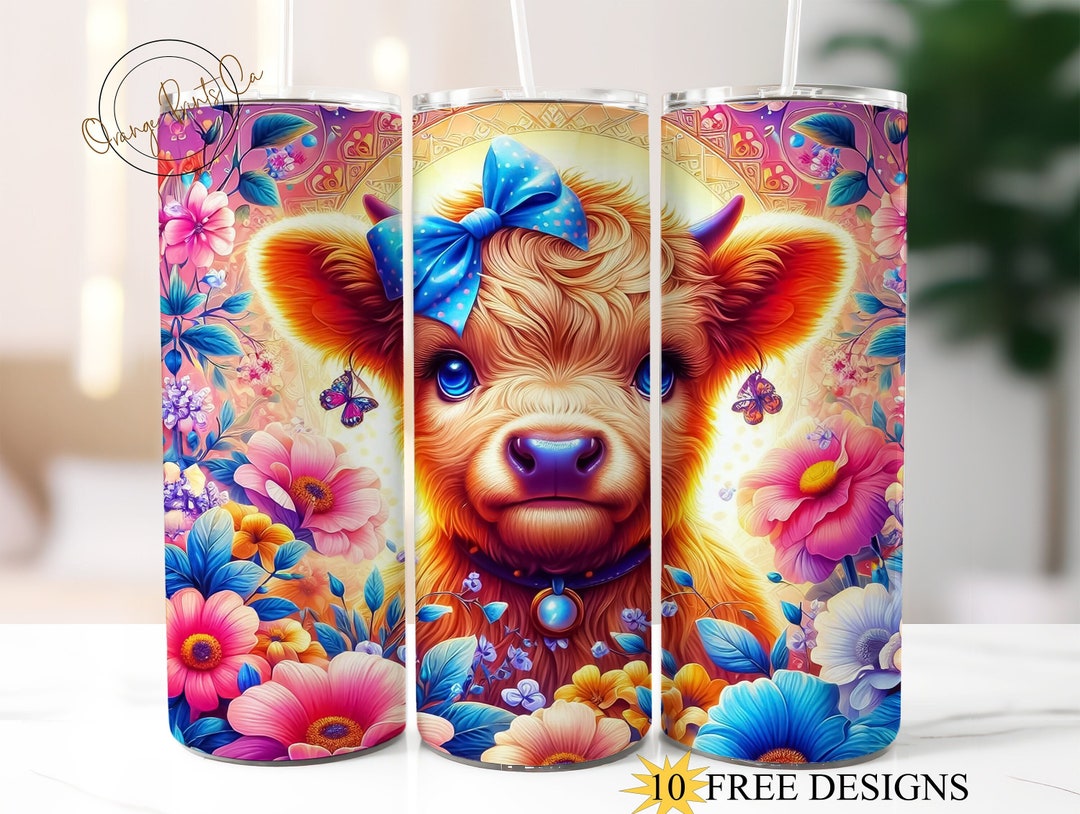Cute Highland Cow 20oz Skinny Tumbler Wrap, Cow Flowers Tumbler Wrap ...