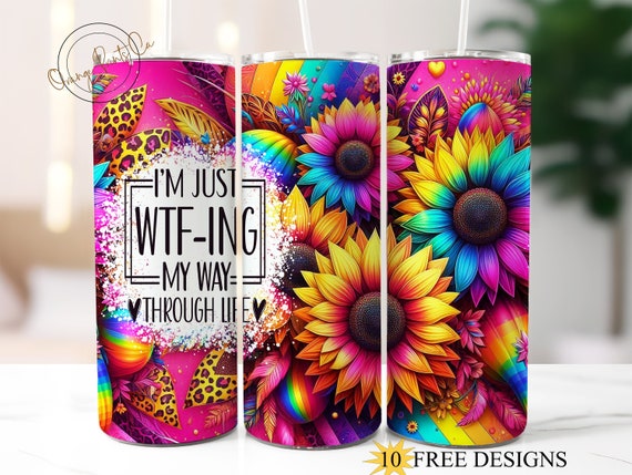 Wtf ing Through Life 20oz Skinny Tumbler Wrap, Funny Quote Tumbler Design, Adult Humor PNG, Sarcasm Tumbler, Leopard Pink Flowers download