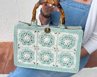 Crochet Granny Square Bag, Boho Handbag Bamboo Handle, Summer Beach Bag Ready to Ship, Handmade Cotton Tote Gift for Her