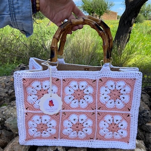 Gehäkelte Boho-Gartentasche – Handgefertigt, mit gewebten oder Bambusgriffen, verstärktem Futter, Magnetverschluss – Anpassbare Farben – Handtasche