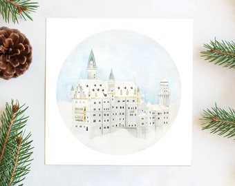 Fairytale castle Christmas card, Neuschwanstein castle, Printable travel postcard, holiday square greeting card, winter art, Christmas gift