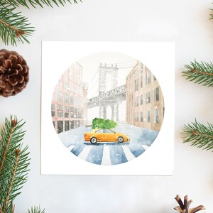 Cartolina di Natale di New York, cartolina di viaggio stampabile Ponte di Manhattan, Illustrazione degli Stati Uniti, biglietto di auguri quadrato per le vacanze di Natale, regalo di Natale