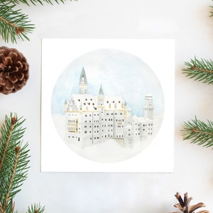 Carte de Noël du château de conte de fées, château de Neuschwanstein, carte postale de voyage imprimable, carte de vœux carrée de vacances, art d’hiver, cadeau de Noël