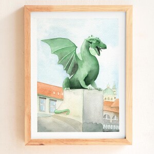 Ljubljana Dragon Watercolor Painting: Slovenia Wall Art