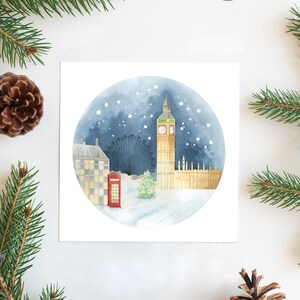 Tarjeta de Navidad de Londres, Postal de viaje imprimible, Reino Unido, tarjeta de felicitación de la plaza navideña, arte de invierno, regalo de Navidad
