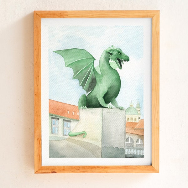 Ljubljana dragon watercolor painting, Slovenia wall art, Dragon bridge statue illustration, Slovenian home decor, travel gift, aquarelle art