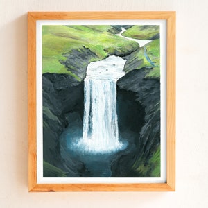 Pittura ad acquerello islandese, illustrazione della cascata Skogafoss, arte murale a guazzo islandese, paesaggio nordico, decorazione murale scandinava