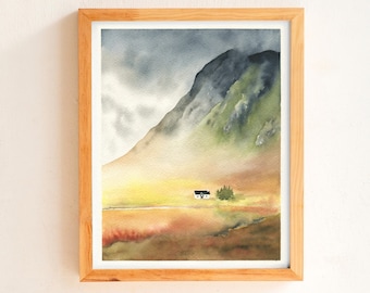 Scotland painting, Glencoe, Wee White Cottage, Original watercolor painting, 8x10 inches, Scottish higlands, mountain travel art