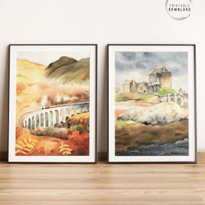 Schottland Wandkunst, 2er Set, Glenfinnan Viadukt, Eilean Donan Schloss, Scottish Highlands printable download, Schottland Herbstlandschaft