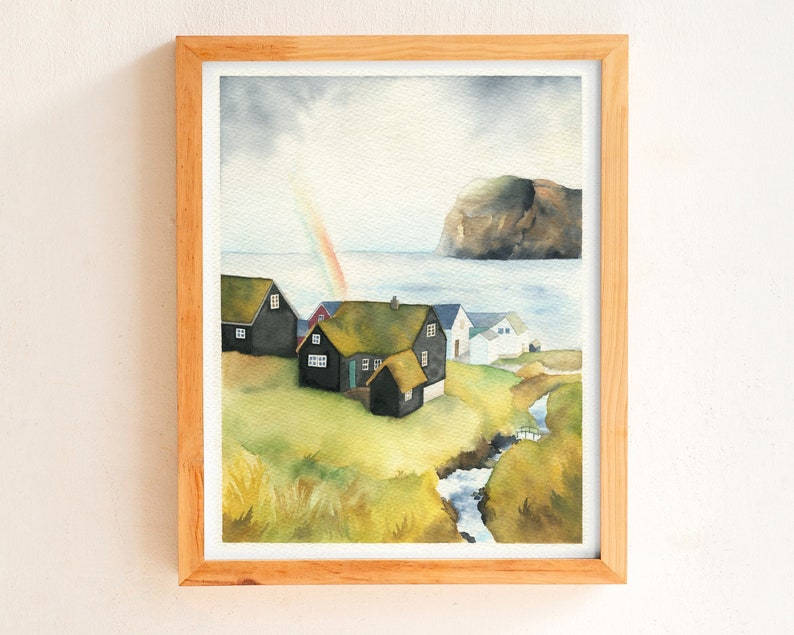 Faroe Islands painting, black houses with grass roofs, 8x10 original watercolor, Mikladalur village, mountain wall art, Denmark illustration image 1