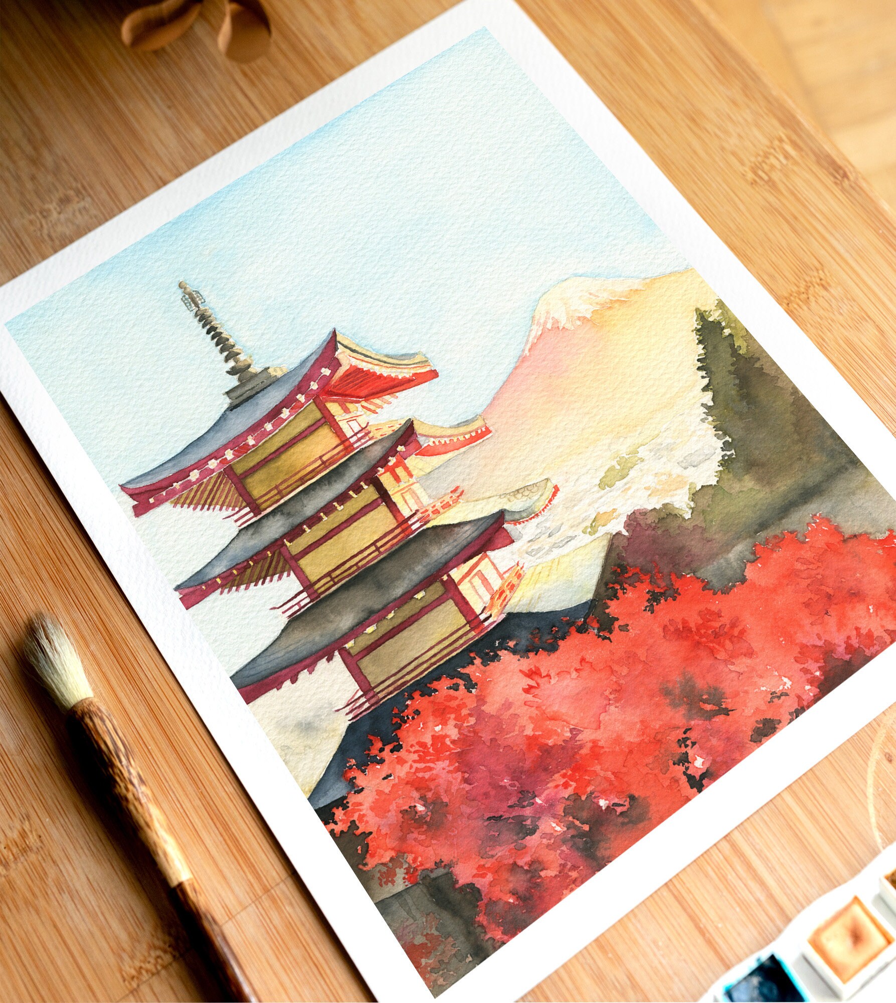Japan Watercolor Painting Japanese Temple in Kyoto Mount - Etsy